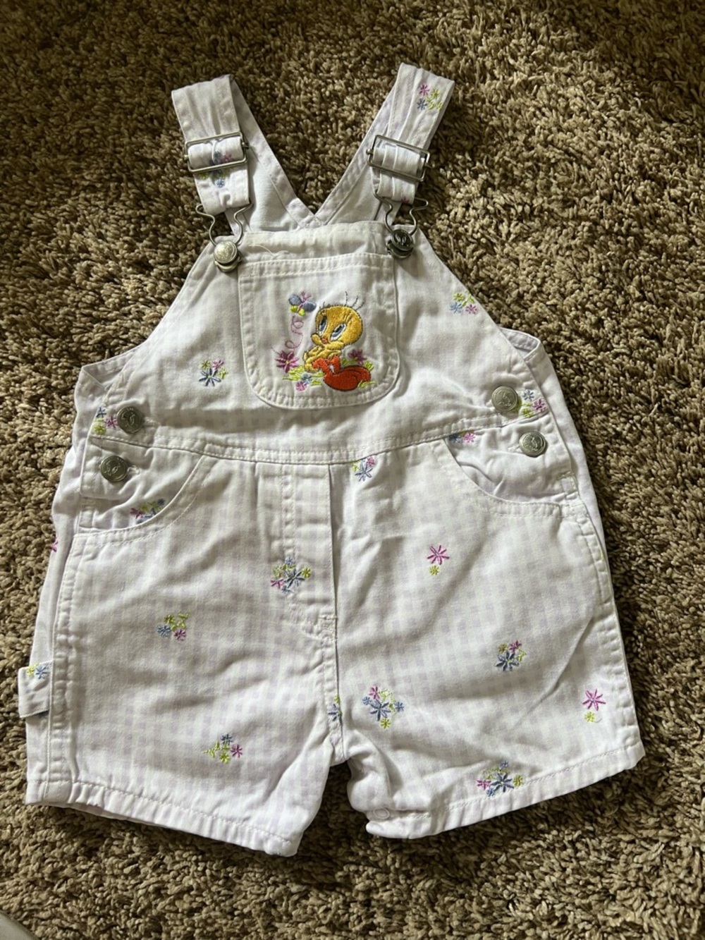 Vintage Y2K 2000 Tweety Bird White Floral Embroidered Kids Short Overalls 18M